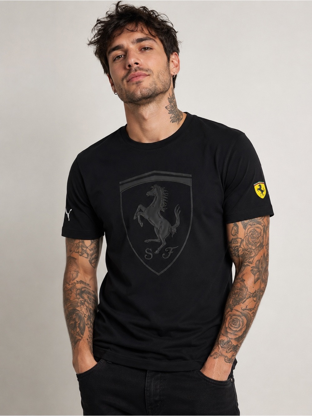 PUMA Scuderia Ferrari Men’s Black Tonal Shield T-Shirt Mens Size Small